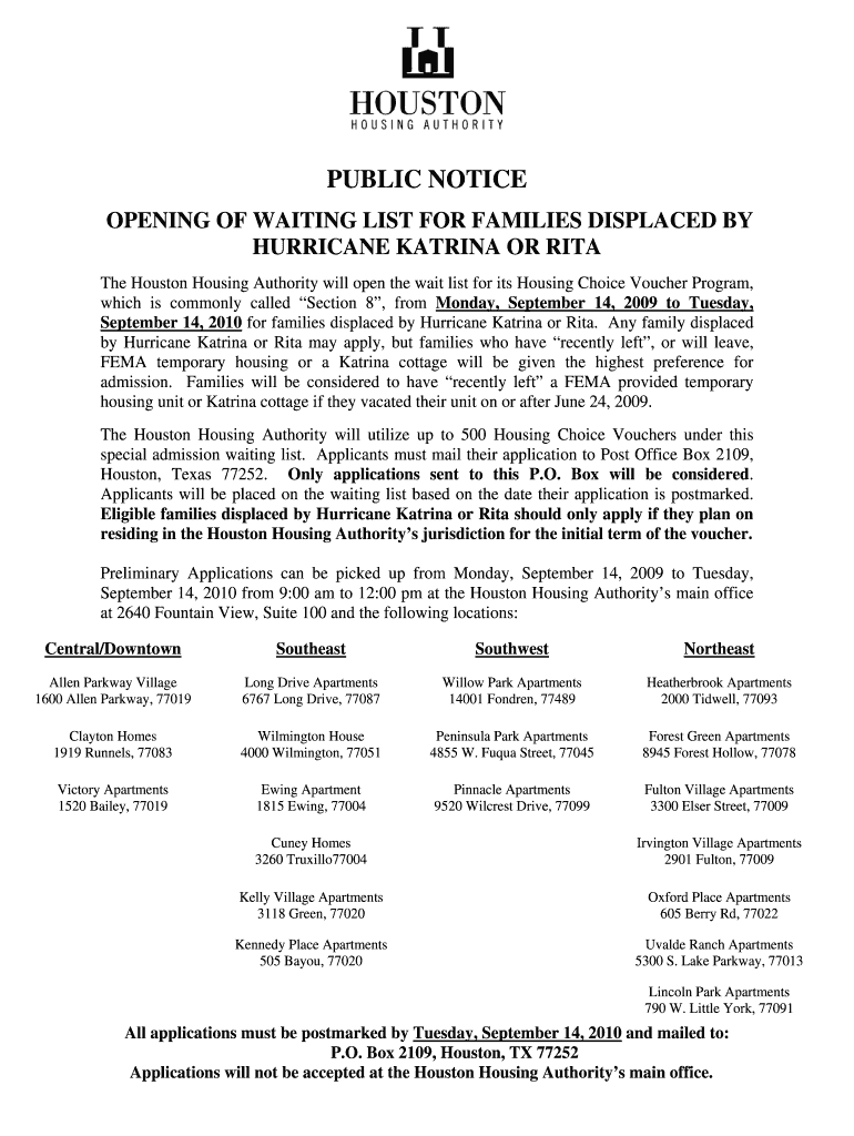 Fillable Online PUBLIC NOTICE OPENING OF WAITING LIST FOR FAMILIES DISPLACED BY HURRICANE