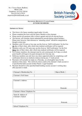 Sickness Benefit Claim Form for Junior Members