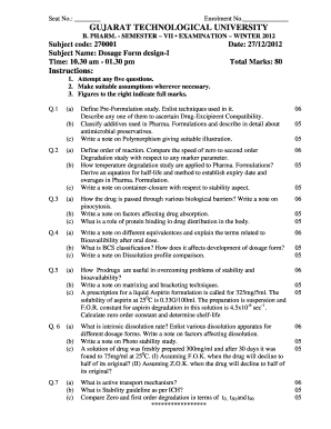 Gujarat Technological University B.Pharm Exam Form