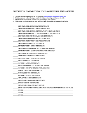Italian Citizenship Jure Sanguinis Checklist