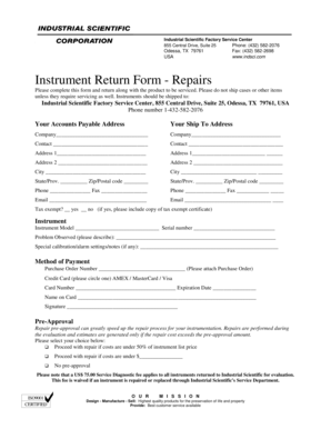 Instrument Return Form Odessa - Industrial Scientific Corporation