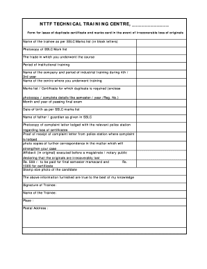 Form for issue of duplicate certificate and marks card in the event of irrecoverable loss of originals