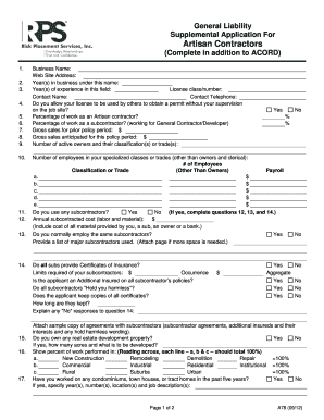 General Liability Supplemental Application For Artisan Contractors