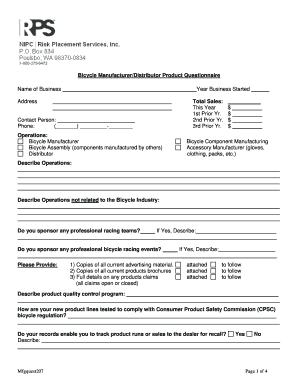 Bicycle Manufacturer/Distributor Product Questionnaire