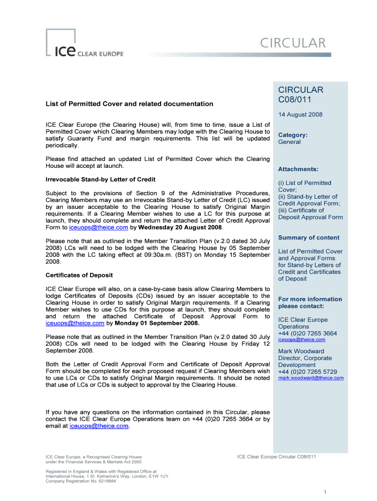 Fillable Online C08011 ICE Clear Europe List of Permitted Cover and Related Documentation.doc
