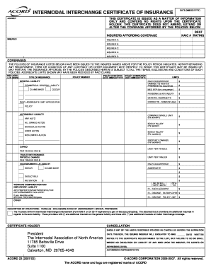 Intermodal Interchange Certificate of Insurance