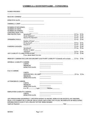 Umbrella Questionnaire Condo/HOA