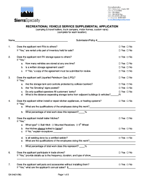 Recreational Vehicle Service Supplemental Application