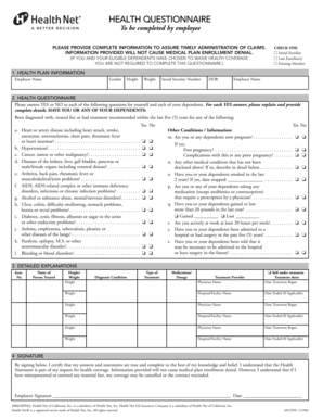 Health Questionnaire for Employee Health Plan