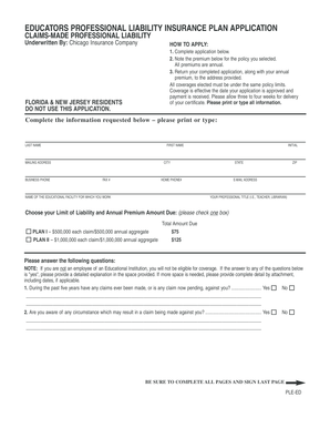 Educators Professional Liability Insurance Application