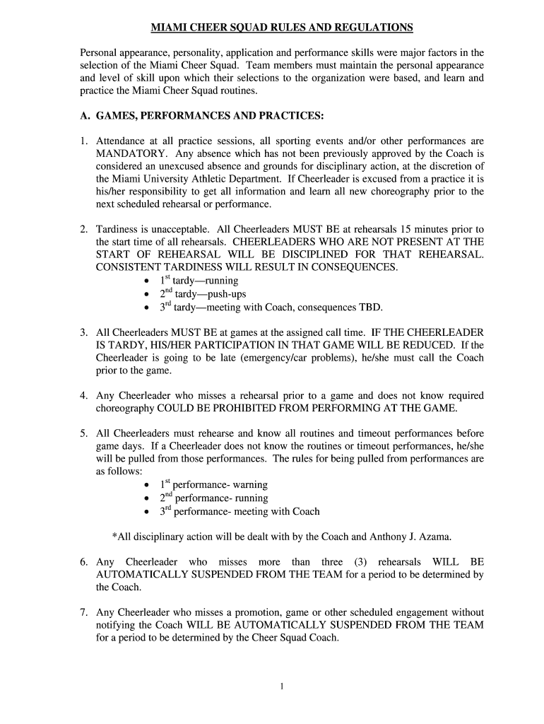 Fillable Online MIAMI CHEER SQUAD RULES AND REGULATIONS Fax Email Print