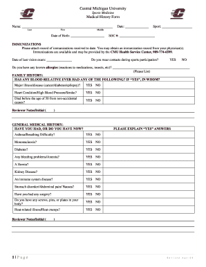 Central Michigan University Sports Medicine Medical History Form