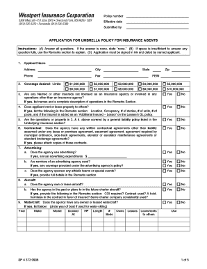 Application for Umbrella Policy for Insurance Agents