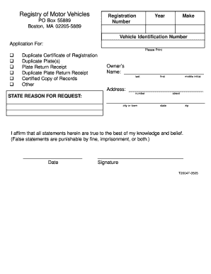 Massachusetts Vehicle Registration Application