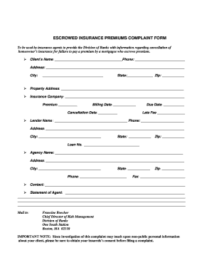 Escrowed Insurance Premiums Complaint Form