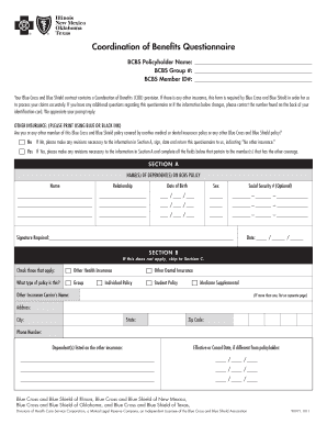 Blue Cross and Blue Shield Coordination of Benefits Questionnaire
