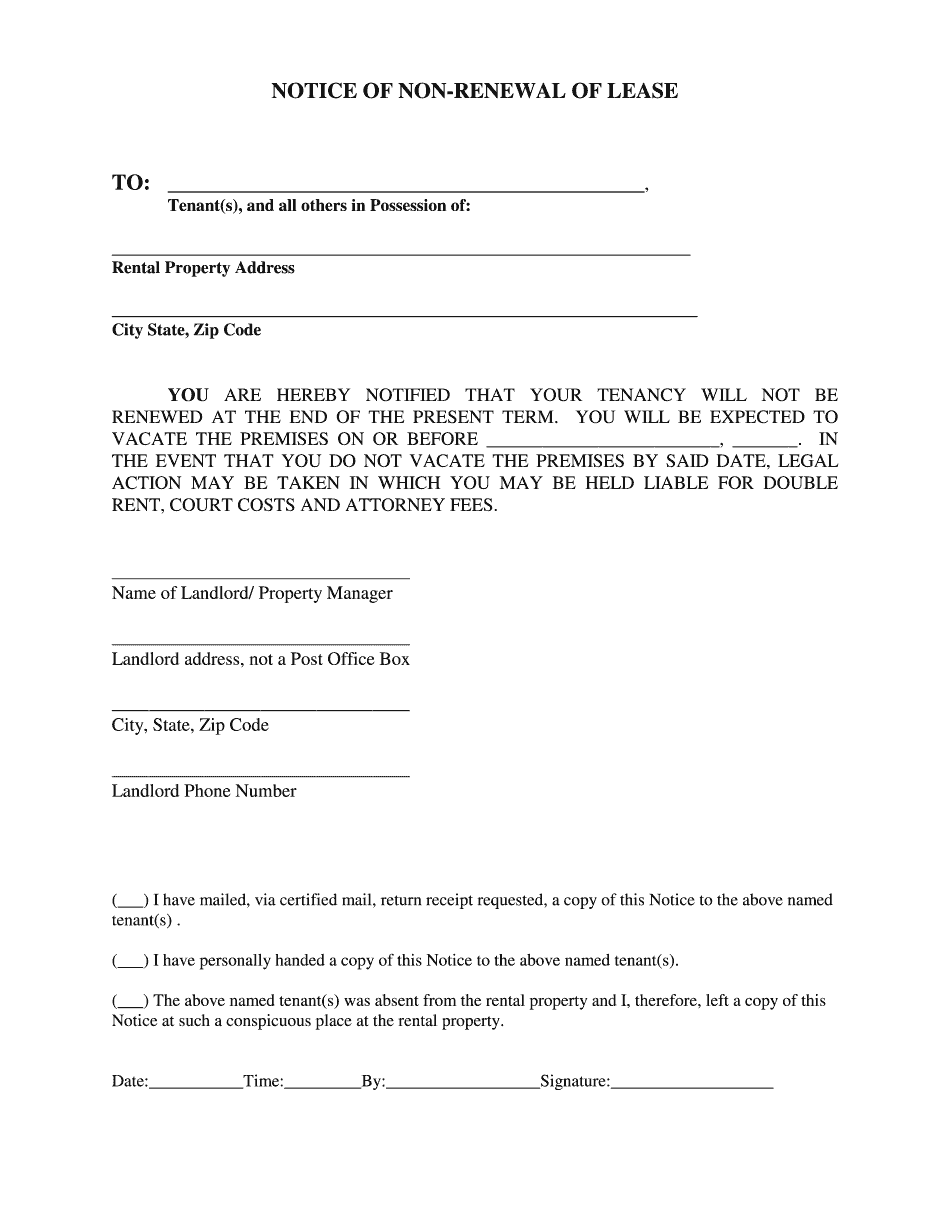 Notice of NonRenewal of Lease Form Printable Blank PDF Online
