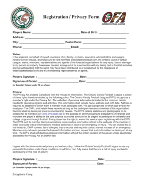 Ontario Varsity Football League Registration Form