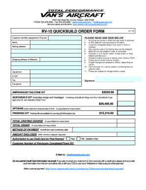 Van's Aircraft Order Form