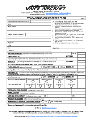 RV-8/8A Standard Kit Order Form