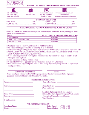 Munson's Chocolates Special Occasions Order Form
