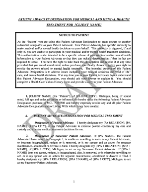 Patient Advocate Designation for Medical and Mental Health Treatment