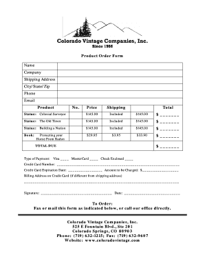 Colorado Vintage Companies Product Order Form