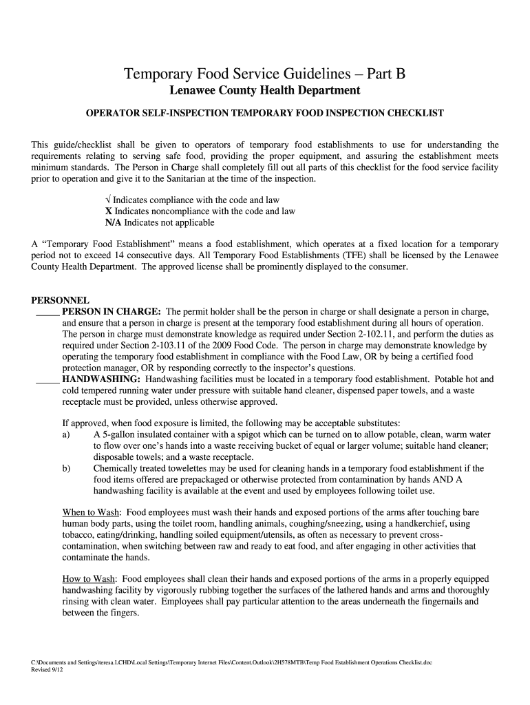 Fillable Online Temporary Food Service Guidelines Part B Lenawee
