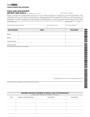 Child and Adolescent History and Goals Form