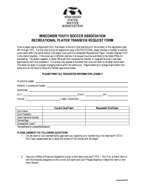 Recreational Player Transfer Request Form - Wisconsin Youth ...