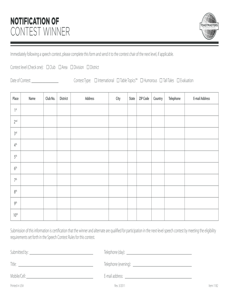Notification Of Contest Winner Toastmasters Fill Out Sign Online 