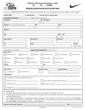 California Youth Soccer Program Administrator Registration Form