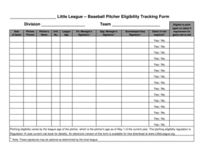 Little League Baseball Pitcher Eligibility Tracking Form