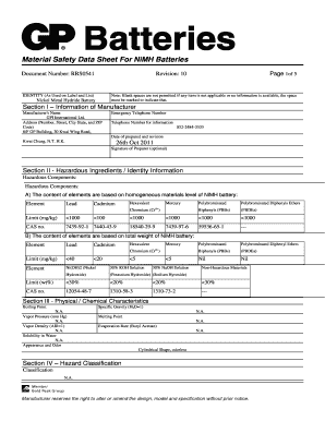 Material Safety Data Sheet for NiMH Batteries