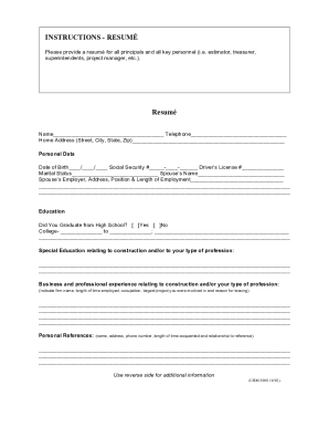 Construction Personnel Resume Form