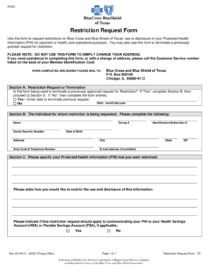 BlueCross BlueShield of Texas Restriction Request Form