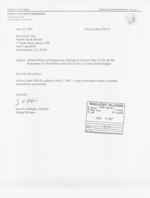 com April 3, 2007 Advice 3026E (Pacific Gas and Electric Company ID U39 E) Public Utilities Commission of the State of California Subject: Submits Notice of Construction, Pursuant to General Order 131D, for the Relocation