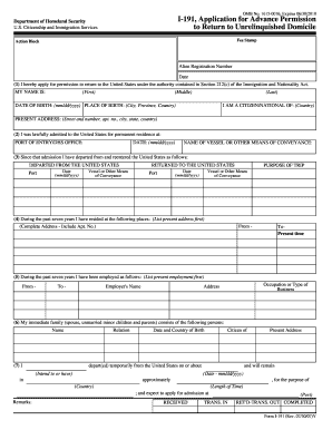 US I-191 Application for Advance Permission to Return