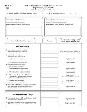 NC K-1 2011 Partner’s Share of North Carolina Income