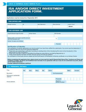 Legal & General Early Bonus Plan 1 Application Form