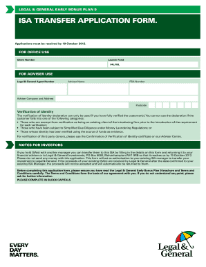 Legal & General Early Bonus Plan 9 ISA Transfer Application Form