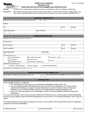 Substitute Form W9 FMS 107