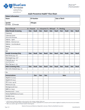 Adult Preventive Health Flow Sheet