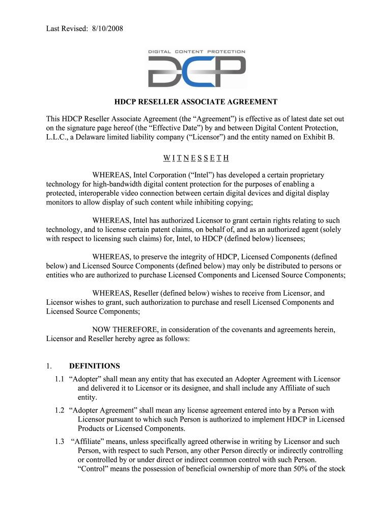 HDCP Reseller Associate Agreement - Digital Content Protection LLC Preview on Page 1