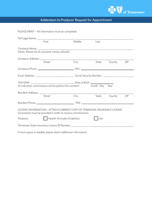 Addendum to Producer Request for Appointment