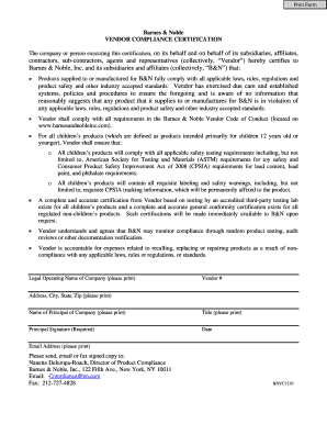 Barnes & Noble Vendor Compliance Certification