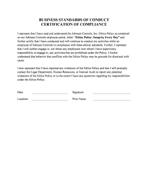 Business Standards of Conduct Certification