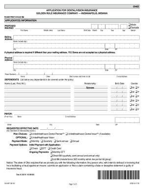 Ohio Dental/Vision Insurance Application
