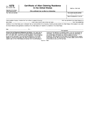 Form 1078 Certificate of Alien Claiming Residence