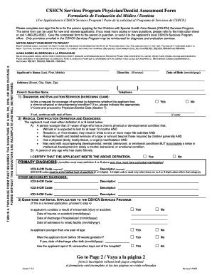 CSHCN Services Program Physician/Dentist Assessment Form